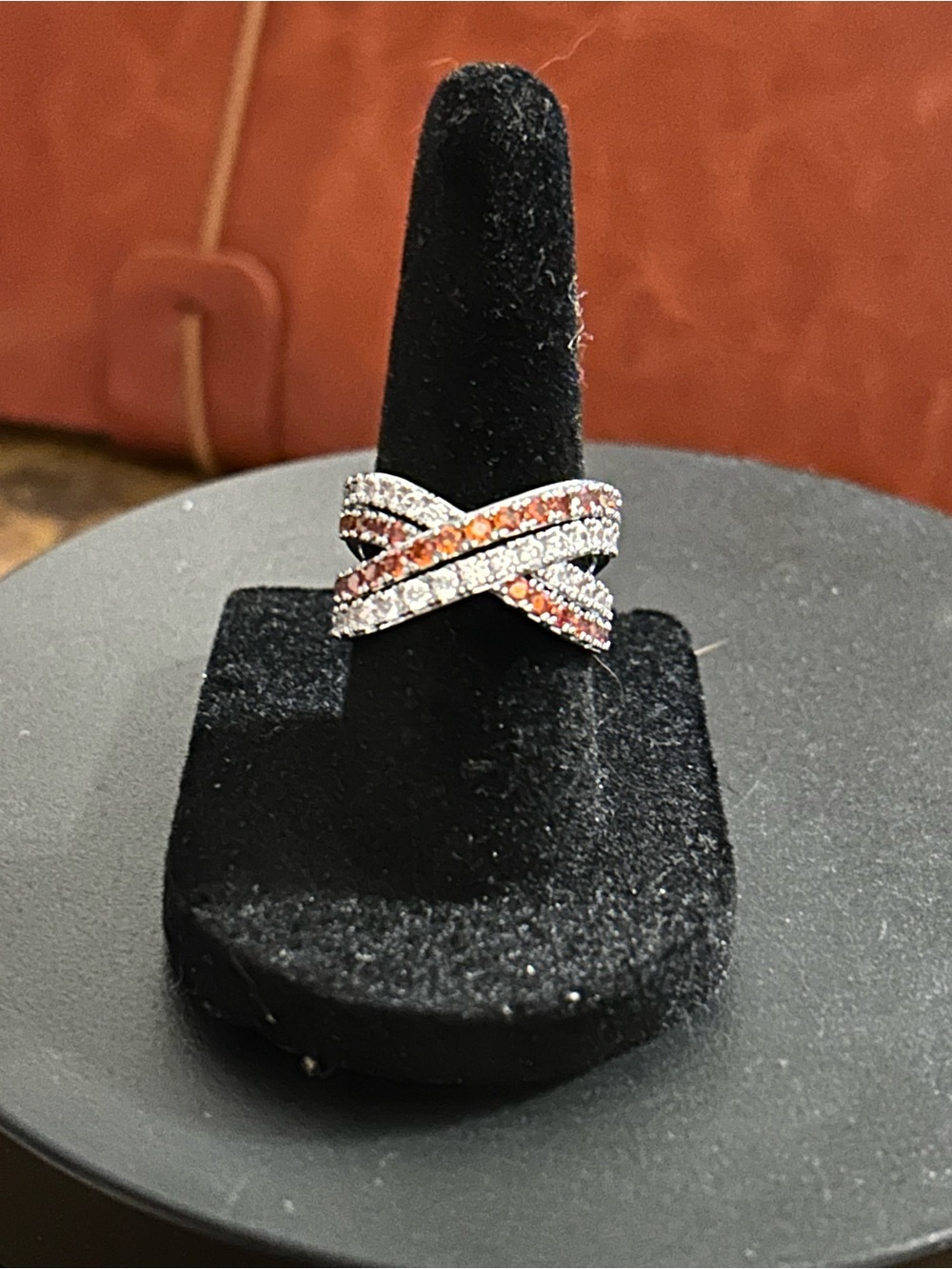 Bomb Party Elegant Crisscross Ring with Garnet and Clear Stones, Hematite